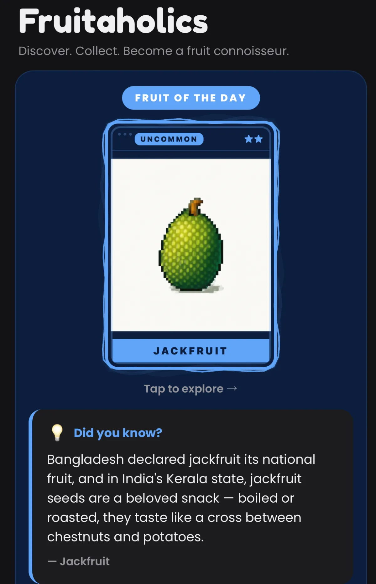 Fruitaholics app — fruit-of-the-day screen